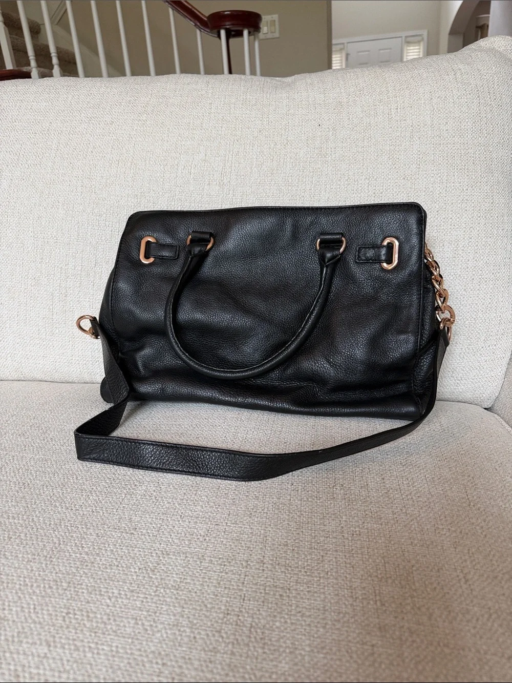Michael Kors Black Pebbled Leather Satchel with Rose Gold Hardware